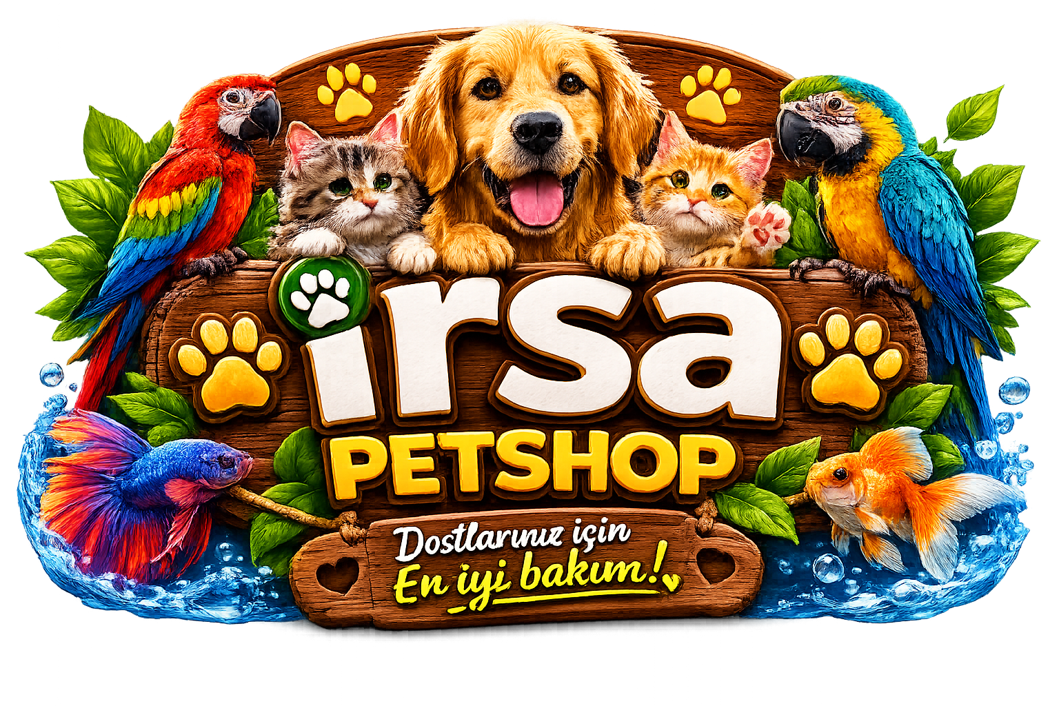 İrsa Petshop kedi, köpek, kuş ve balık logolu mağaza görseli